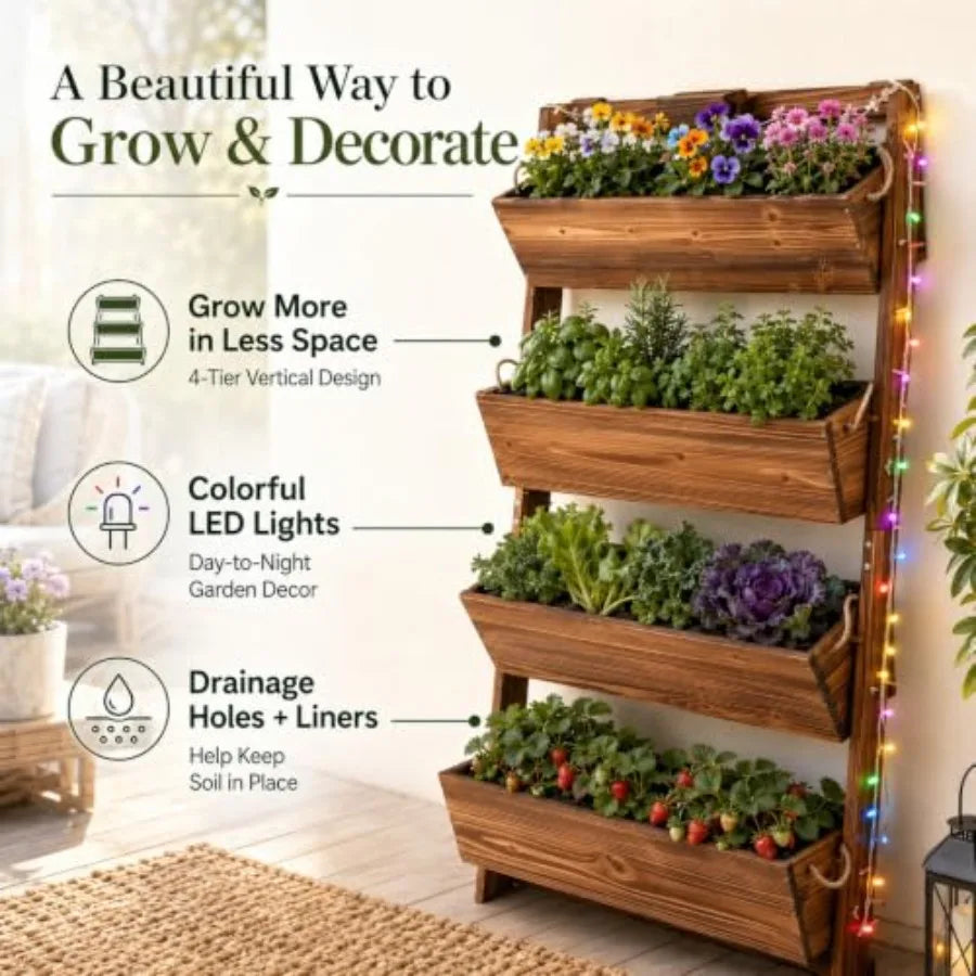 MDNG Wooden Vertical Garden Planter With Led Lights And Drainage