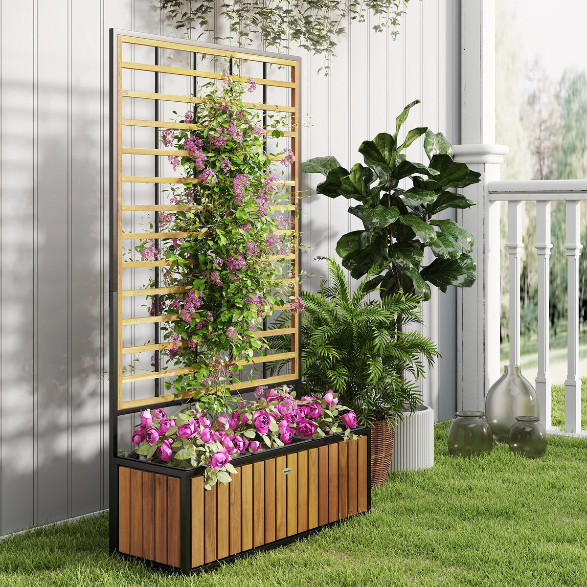 Outsunny Raised Garden Bed With Wooden Trellis And Planters