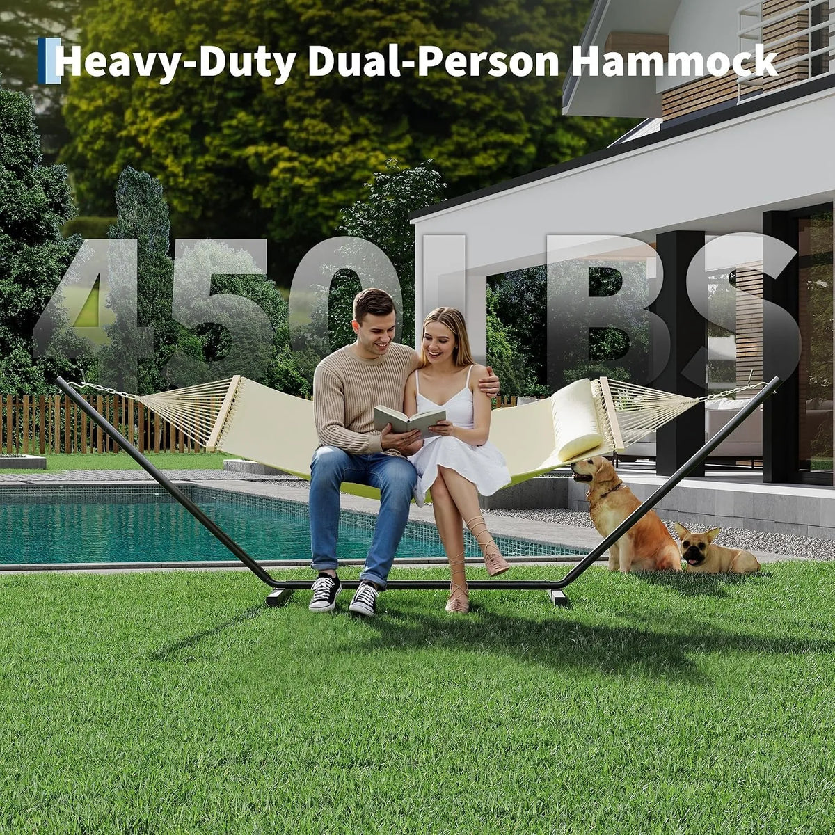 Double Hammock With Stand And Pillow For Outdoor Relaxation