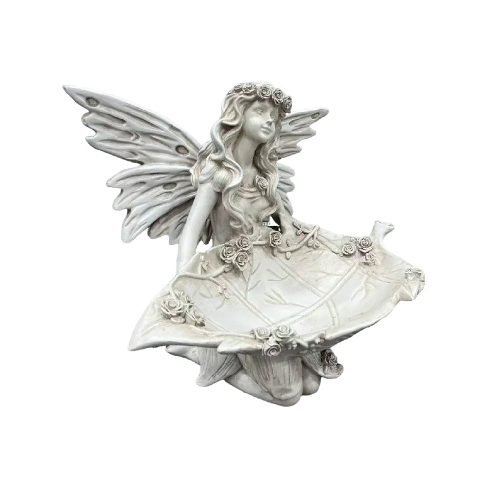 Whimsical Garden Fairy Resin Statue With Leaf Bird Feeder Tray