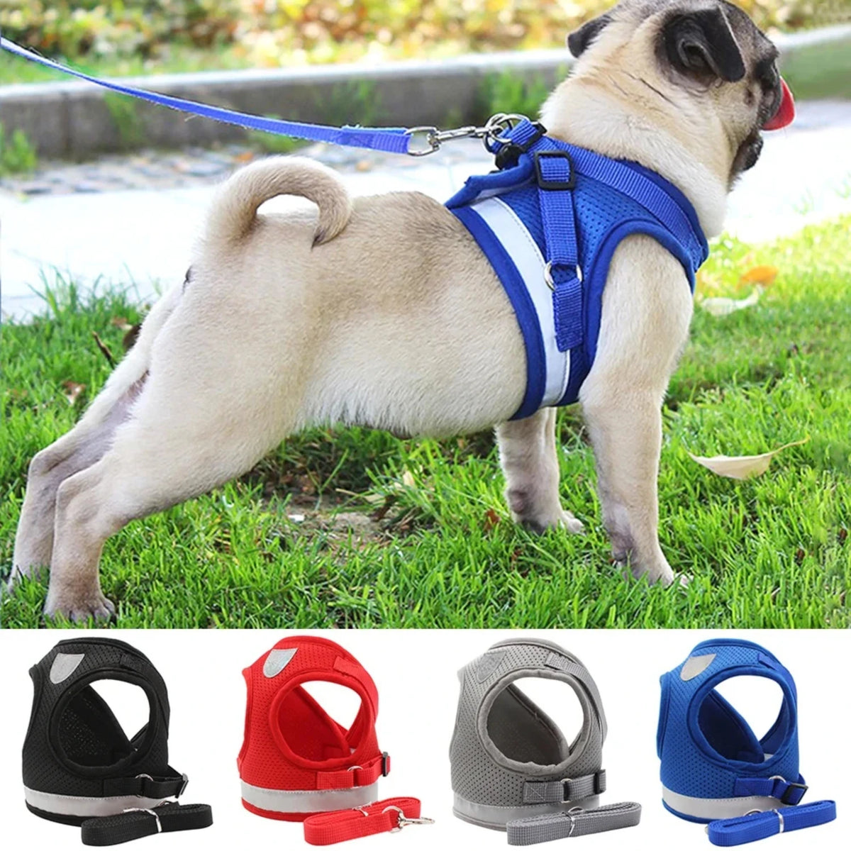 Reflective Adjustable Pet Dog And Cat Harness With Leash Set