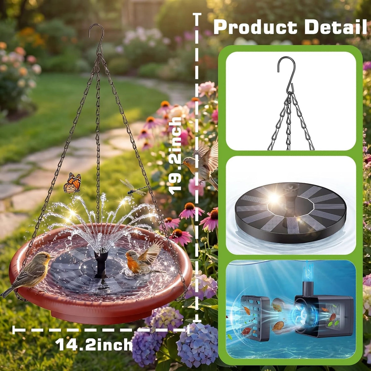 Decorative Hanging Solar Bird Bath And Feeder With Fountain