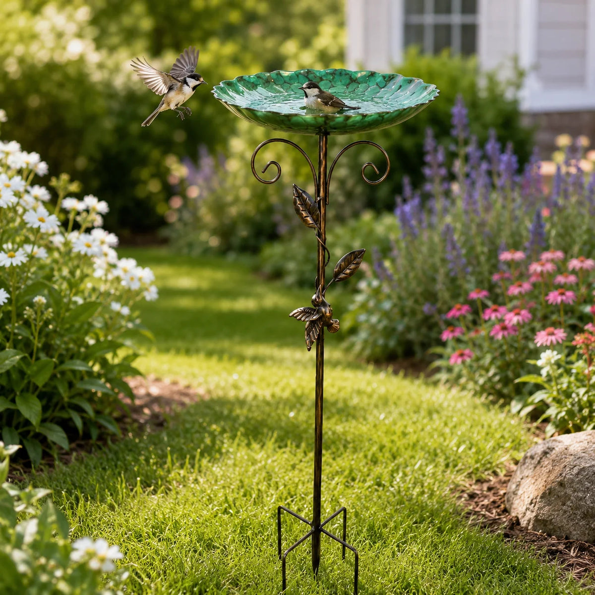 Retro Mosaic Bird Bath With Gold Leaf Outdoor Garden Decor