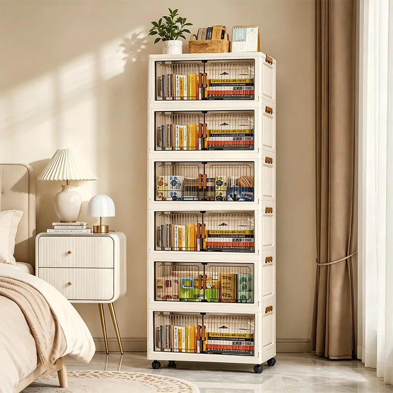 Foldable Stackable Plastic Storage Cabinet With Magnetic Doors And Wheels