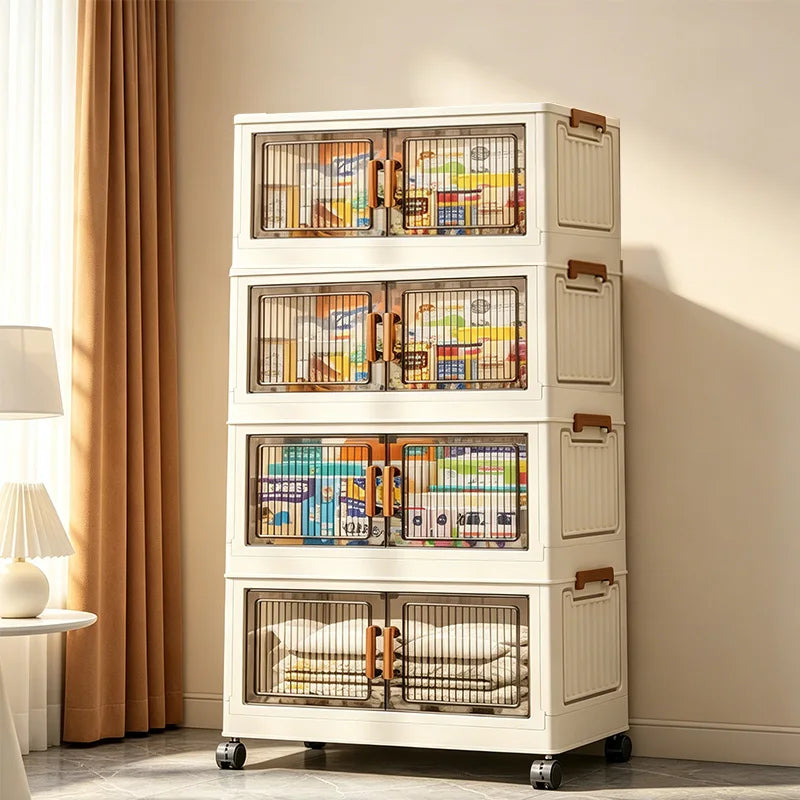 Foldable Stackable Plastic Storage Cabinet With Magnetic Doors And Wheels