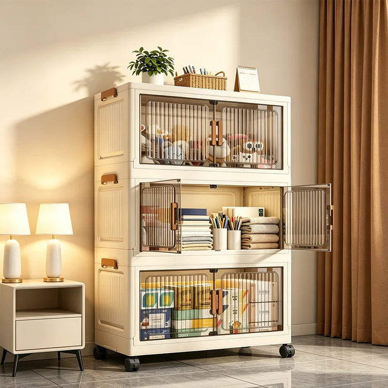 Foldable Stackable Plastic Storage Cabinet With Magnetic Doors And Wheels
