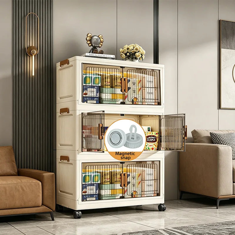 Foldable Stackable Plastic Storage Cabinet With Magnetic Doors And Wheels