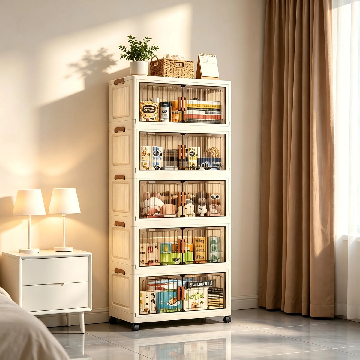Foldable Stackable Plastic Storage Cabinet With Magnetic Doors And Wheels