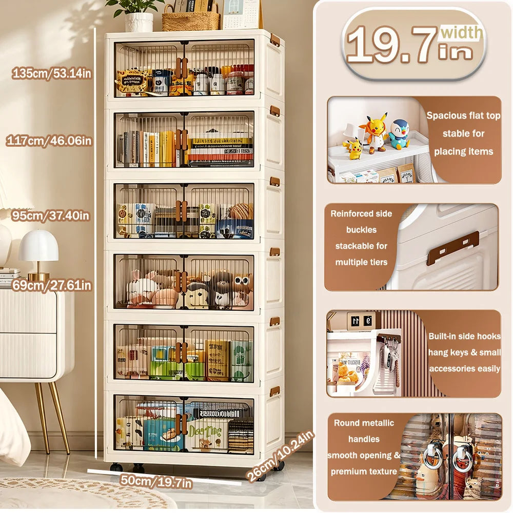 Foldable Stackable Plastic Storage Cabinet With Magnetic Doors And Wheels