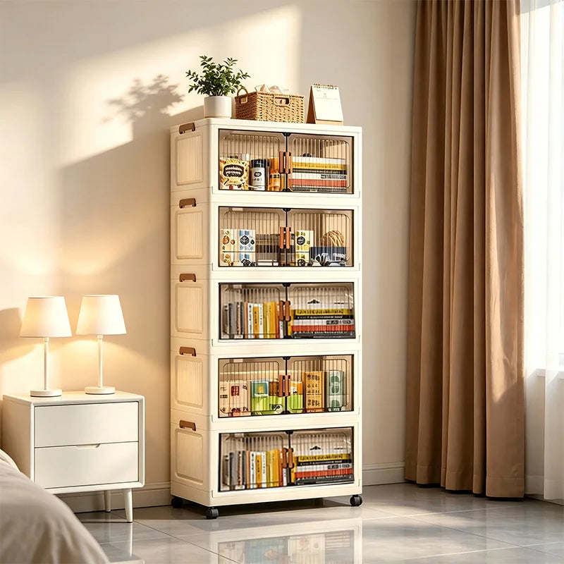 Foldable Stackable Plastic Storage Cabinet With Magnetic Doors And Wheels