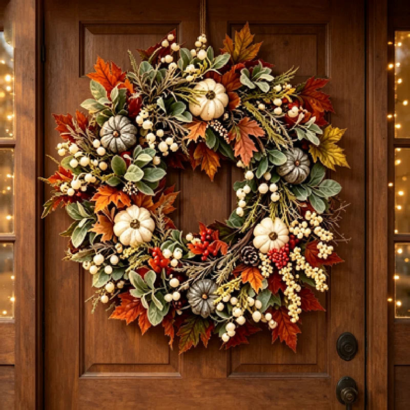 Thanksgiving Fall Wreath With Pumpkins Pinecones And Maple Leaves