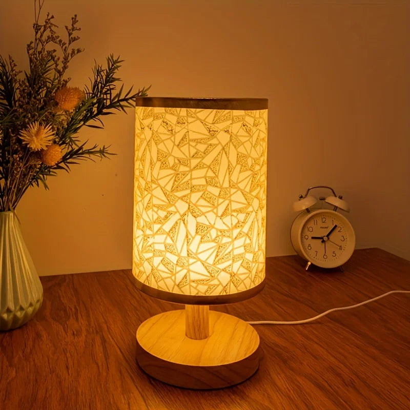 Wooden USB Table Lamp With Fabric Shade Emitting Warm Monochromatic Light