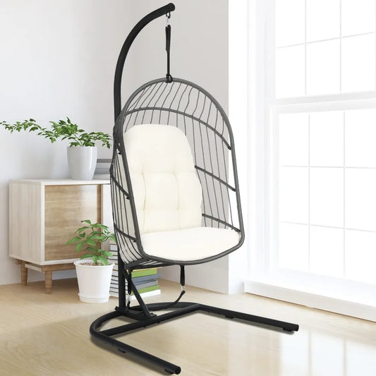Foldable Wicker Egg Chair With Stand Cushion Indoor Outdoor Patio