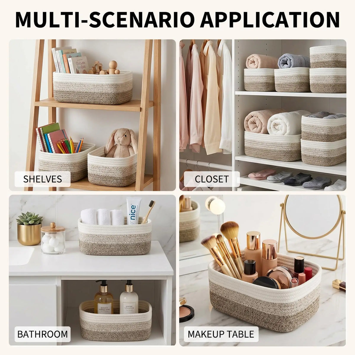 HiMISS Cotton Rope Woven Rectangular Storage Basket Shelf Organizer