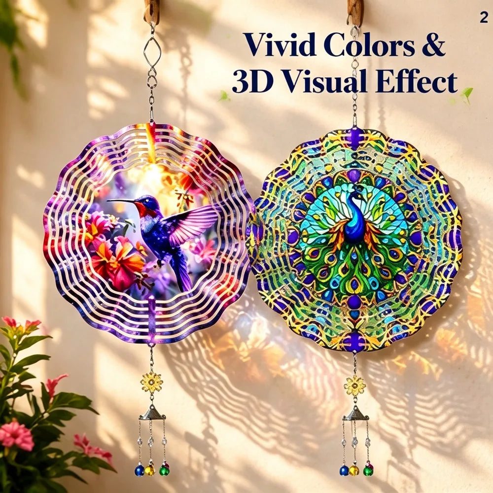 Rotating Hummingbird And Peacock Wind Spinner For Garden Decor