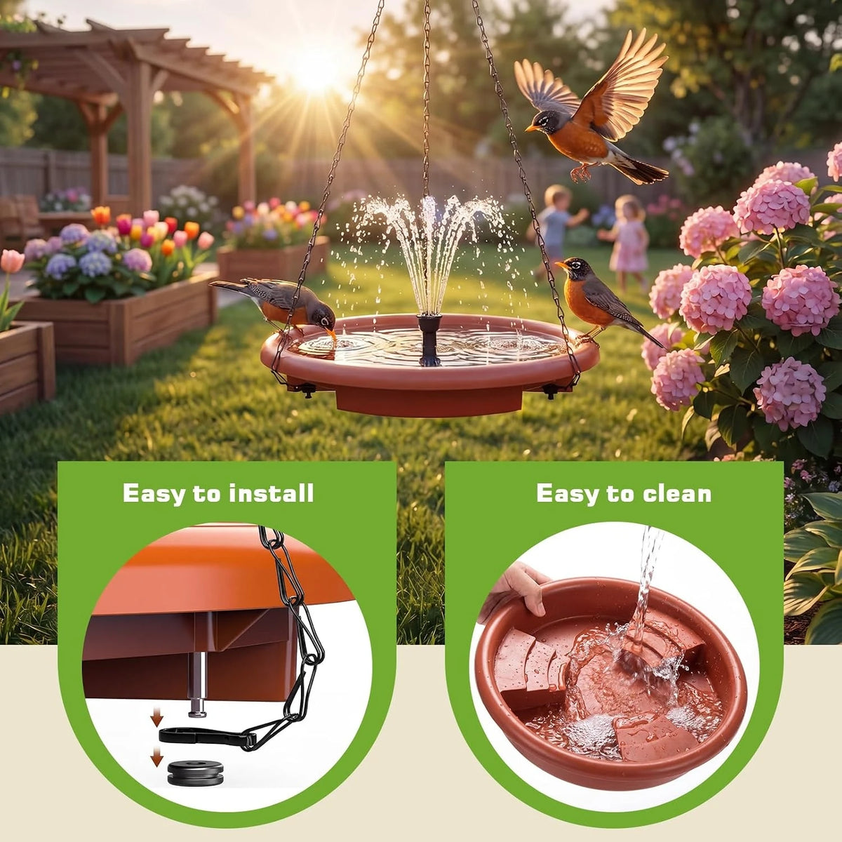 Decorative Hanging Solar Bird Bath And Feeder With Fountain