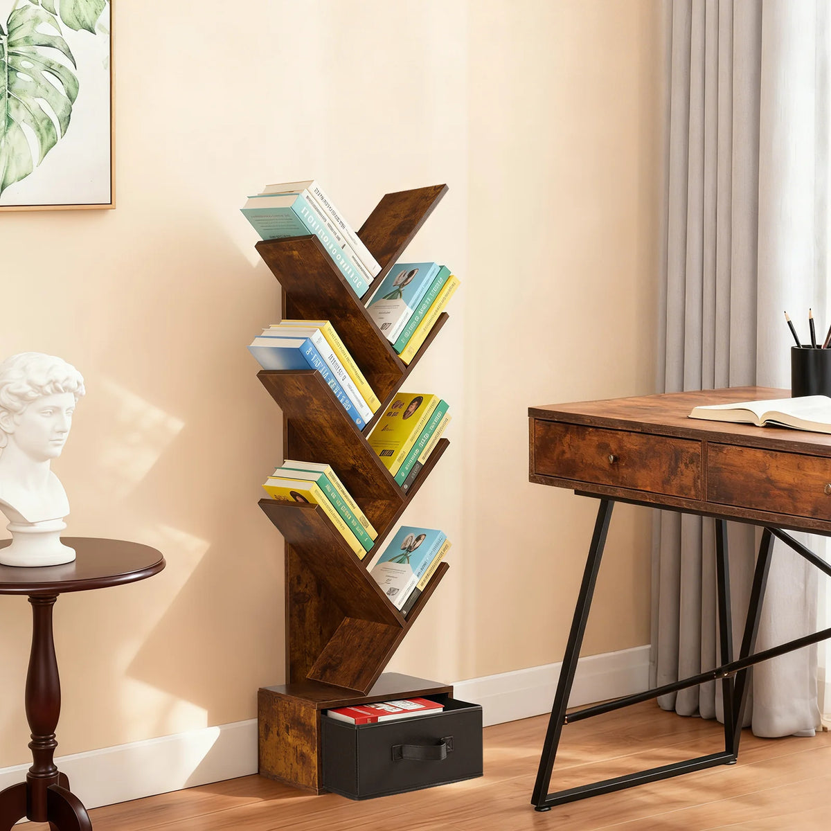 JHK Seven Tier Wooden Geometric Corner Bookshelf With Open Storage