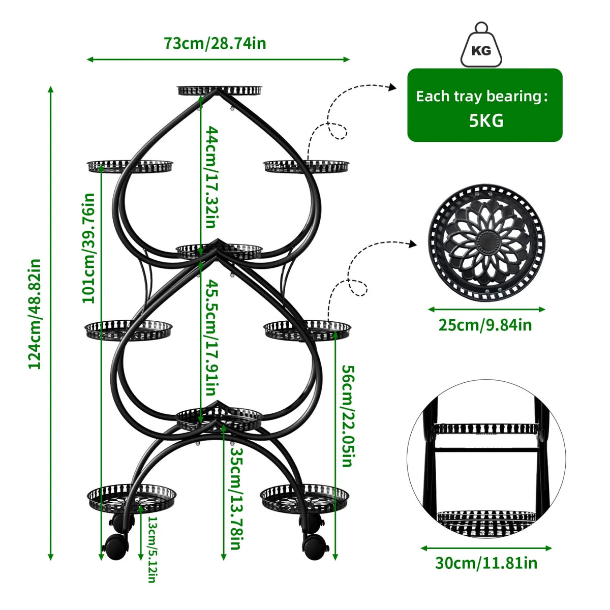 Nine Tier Metal Rolling Plant Stand for Garden Display