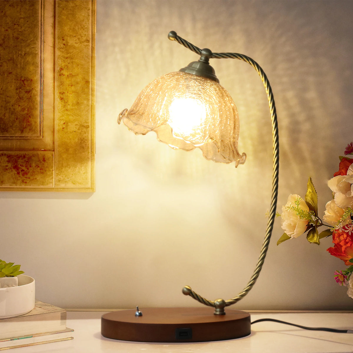 Mid Century Modern Glass Flower Bedside Reading Desk Lamp