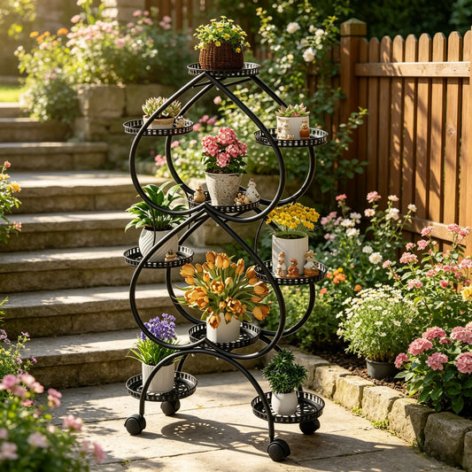 Nine Tier Metal Rolling Plant Stand for Garden Display