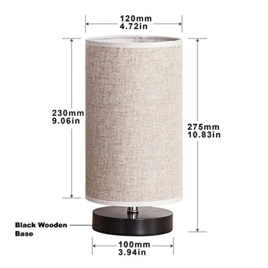 Solar Bedside Lamp Wooden Base Fabric Shade Cylinder Shape Nightstand