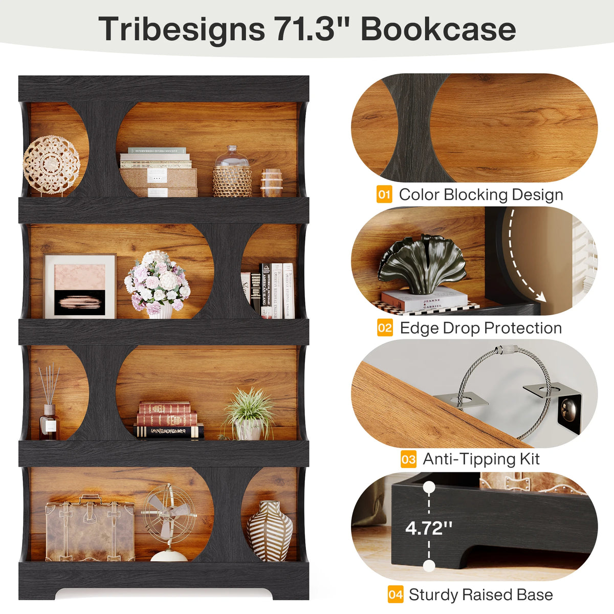 Tribesigns Vintage Wooden Bookcase With Four Tier Open Shelf Storage