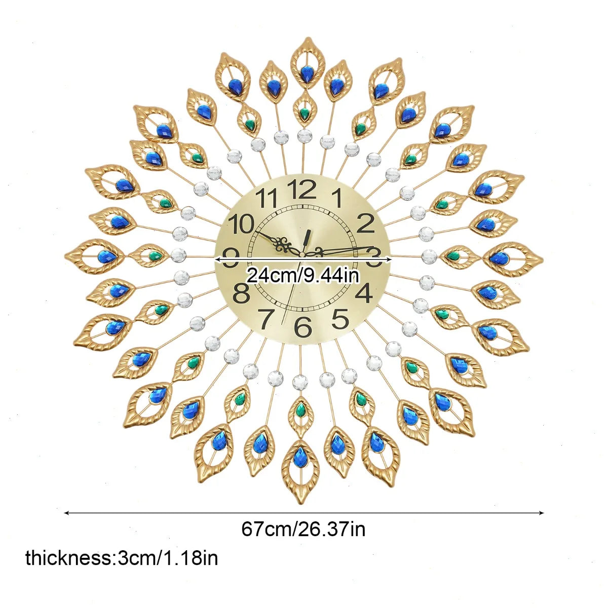Silent Quartz Peacock Feather Wall Clock With Metal Frame