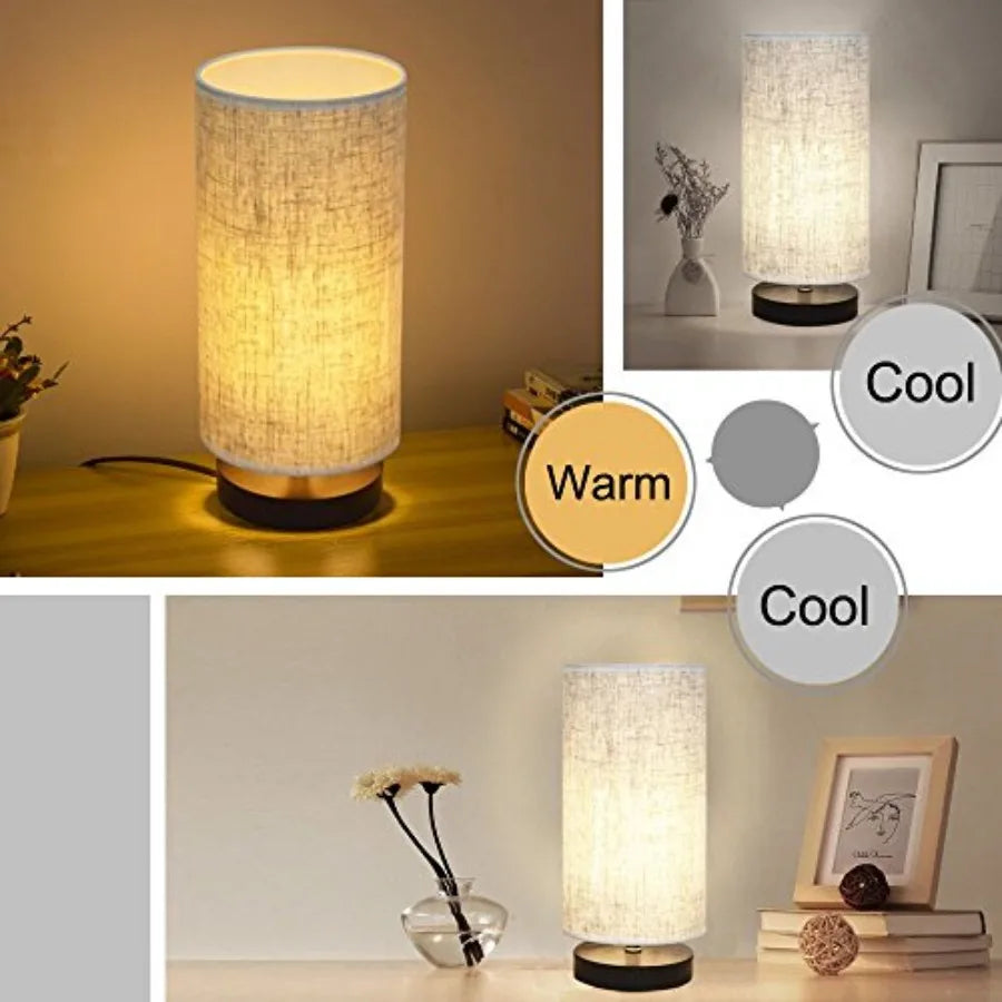 Solar Bedside Lamp Wooden Base Fabric Shade Cylinder Shape Nightstand