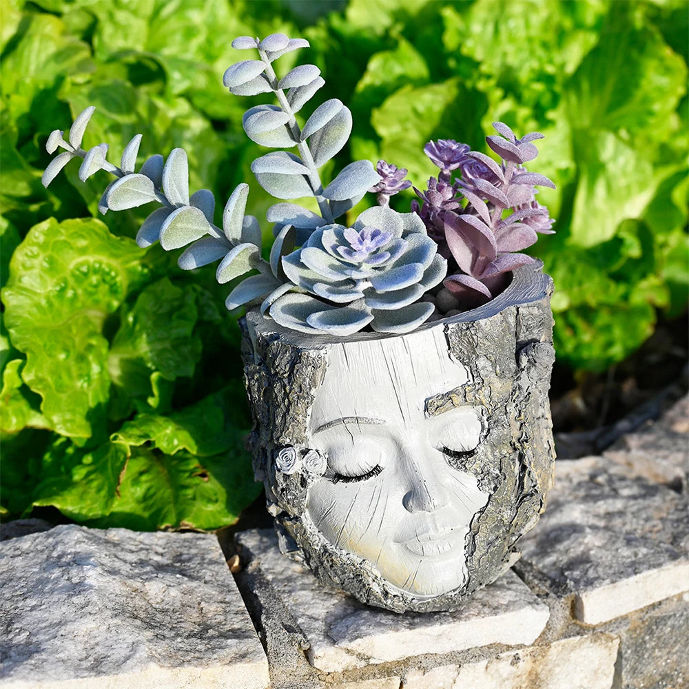 Handpainted Resin Tree Stump Girl Planter For Home Decor Shelf