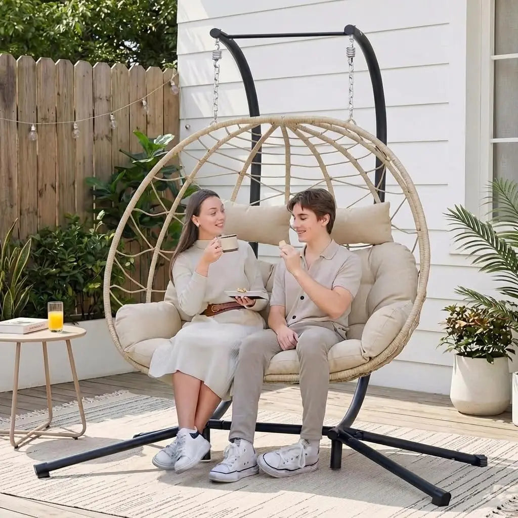 Wicker Double Hanging Egg Chair With Stand For Indoor Outdoor