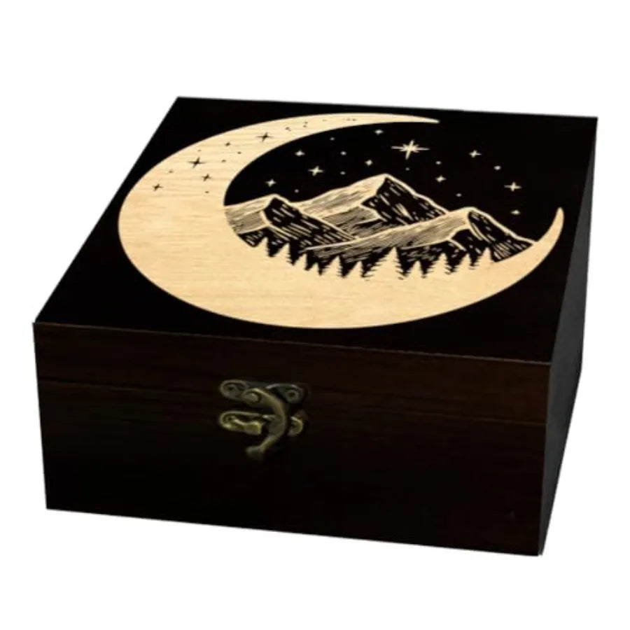 Wooden Bamboo Keepsake Storage Box Featuring Crescent Forest Design