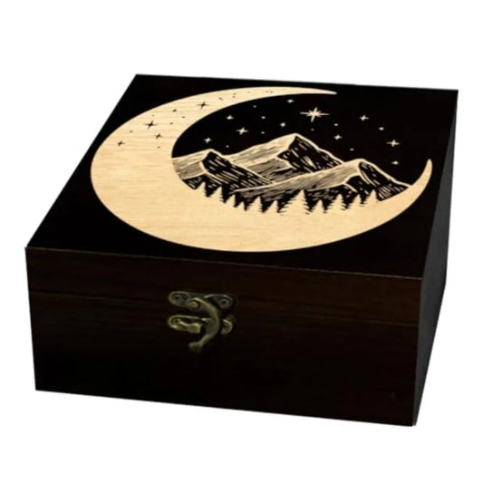 Wooden Bamboo Keepsake Storage Box Featuring Crescent Forest Design