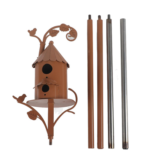 Distressed Metal Cottage Bird House With Pole For Garden Decor