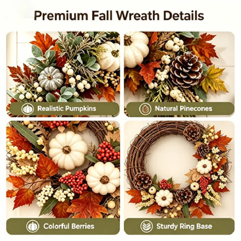 Thanksgiving Fall Wreath With Pumpkins Pinecones And Maple Leaves