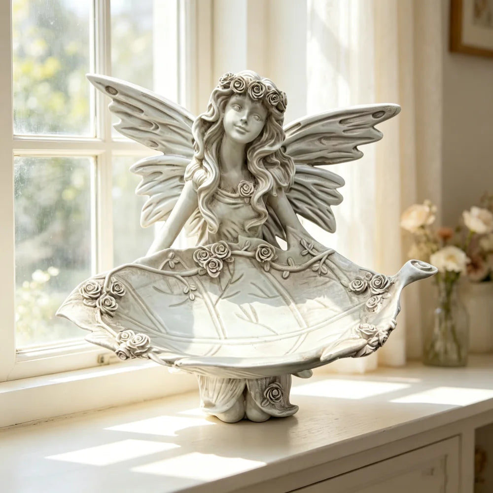 Whimsical Garden Fairy Resin Statue With Leaf Bird Feeder Tray