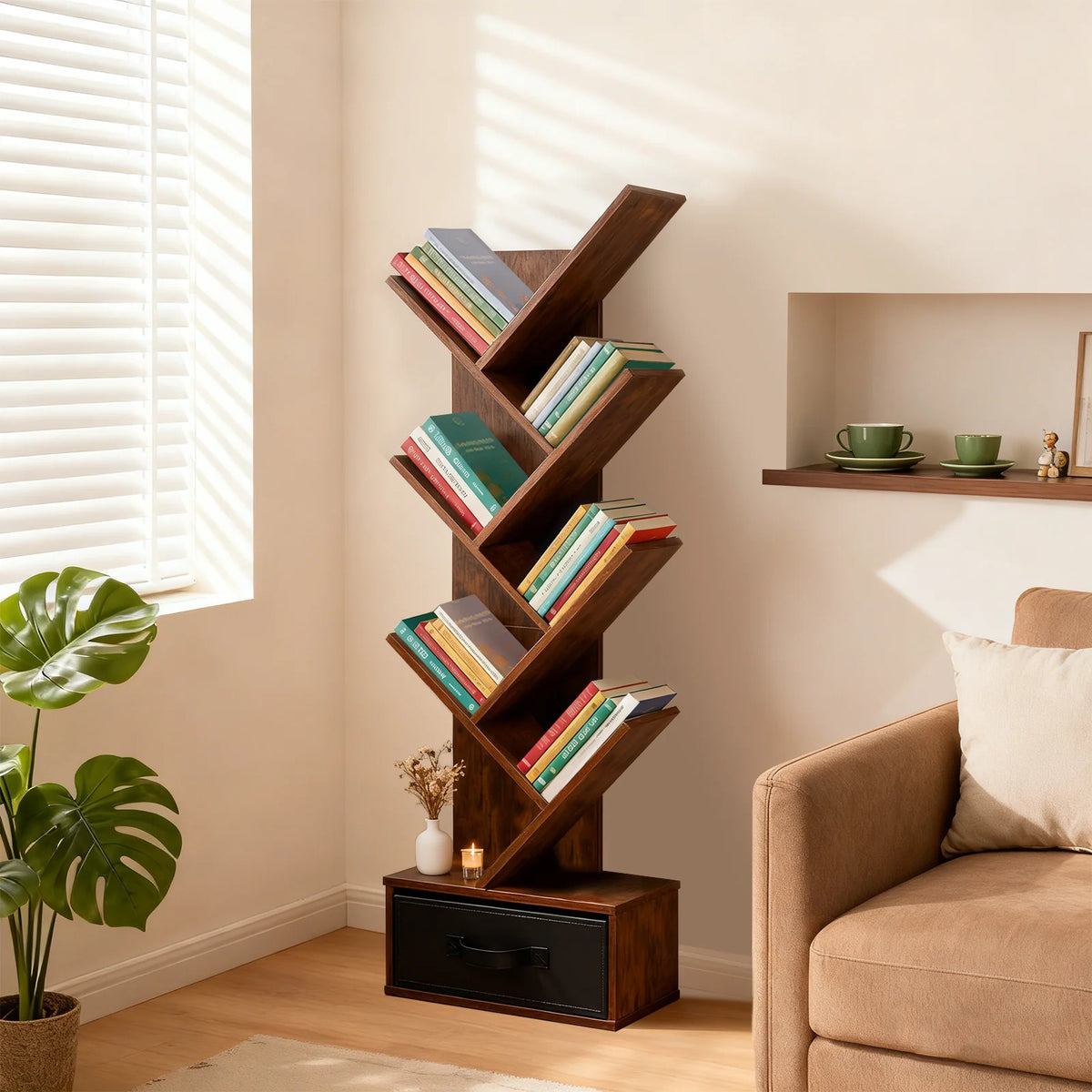 JHK Seven Tier Wooden Geometric Corner Bookshelf With Open Storage