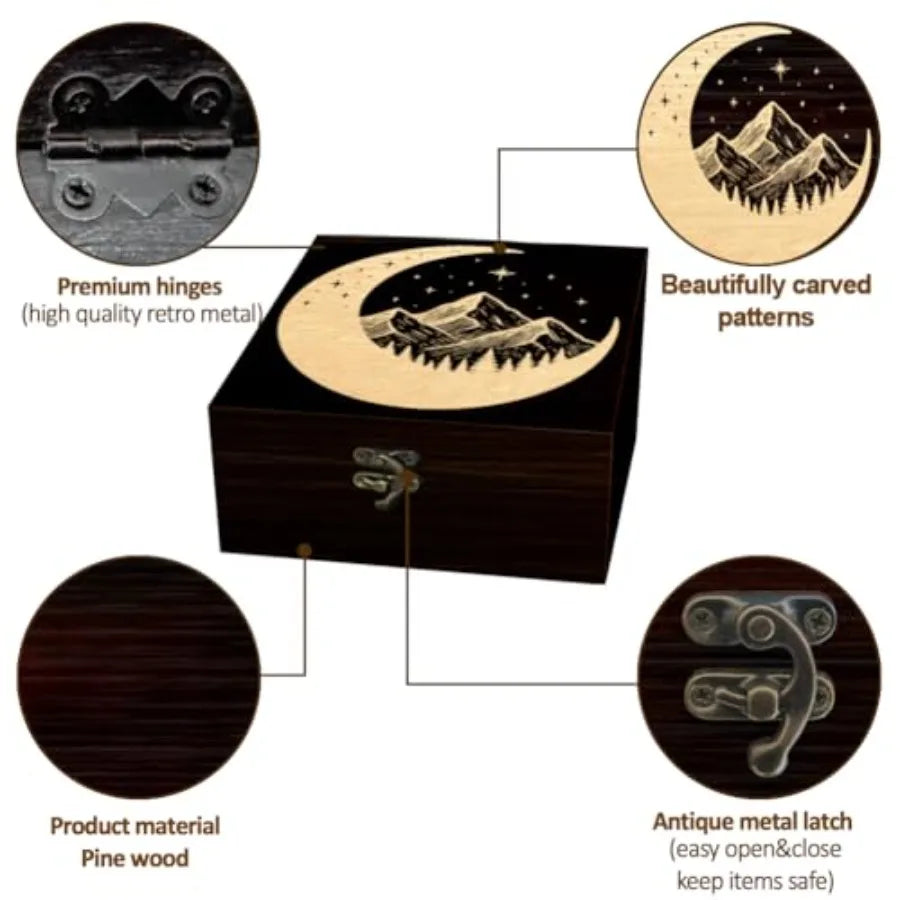 Wooden Bamboo Keepsake Storage Box Featuring Crescent Forest Design