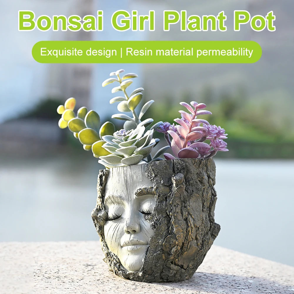Handpainted Resin Tree Stump Girl Planter For Home Decor Shelf