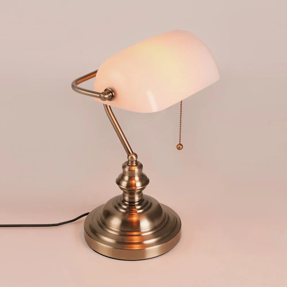 Traditional Glass Bankers Desk Lamp Featuring Zipper Switch And E27