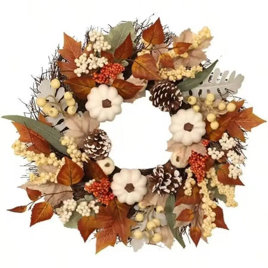 Thanksgiving Fall Wreath With Pumpkins Pinecones And Maple Leaves
