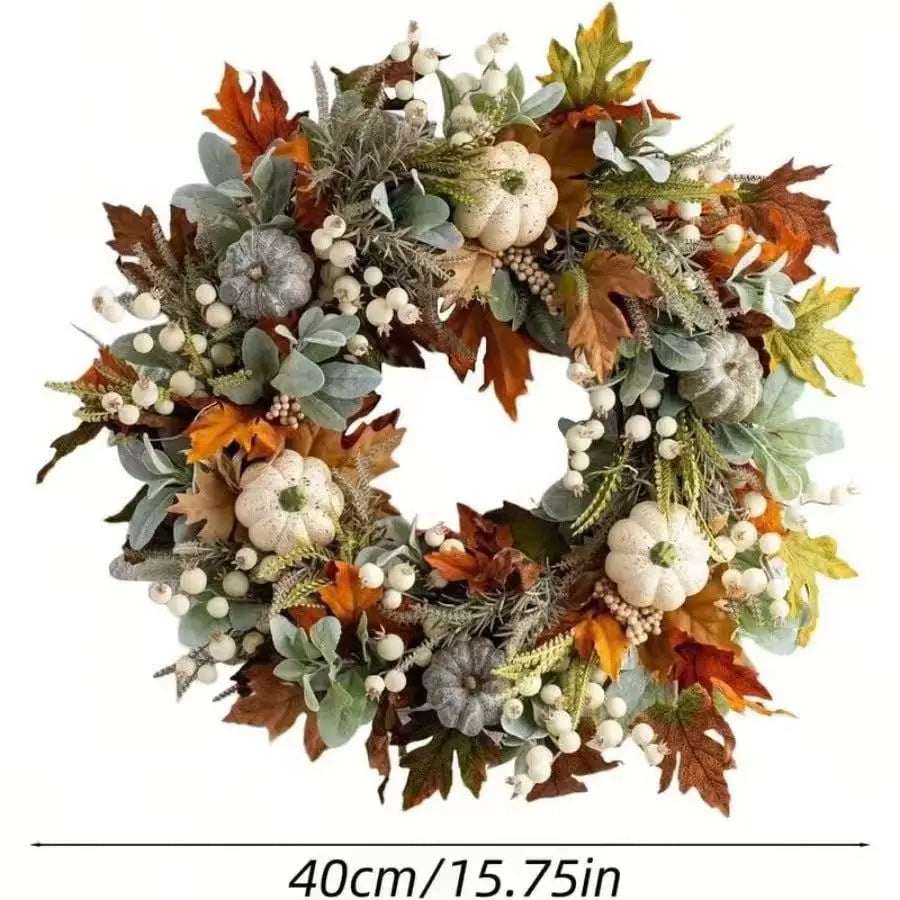 Thanksgiving Fall Wreath With Pumpkins Pinecones And Maple Leaves