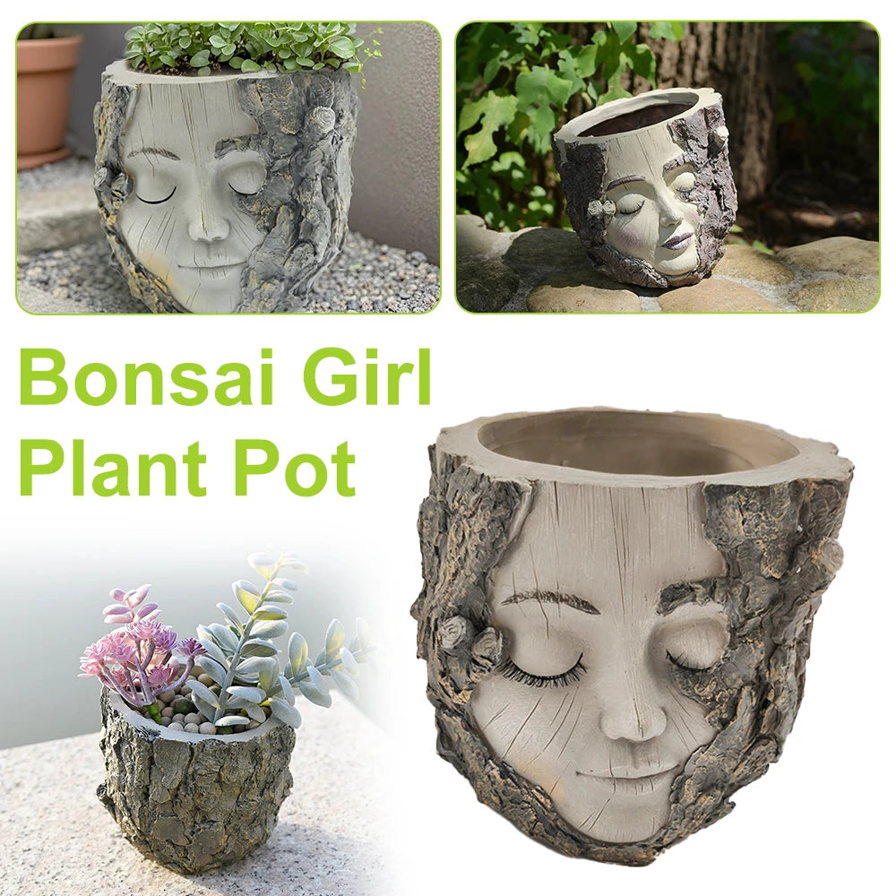 Handpainted Resin Tree Stump Girl Planter For Home Decor Shelf