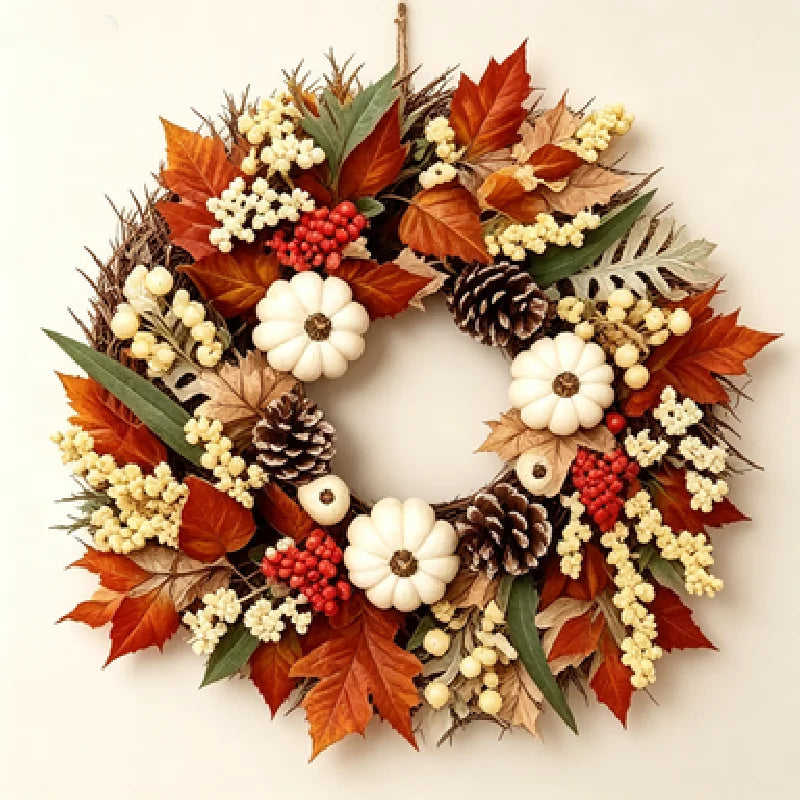 Thanksgiving Fall Wreath With Pumpkins Pinecones And Maple Leaves
