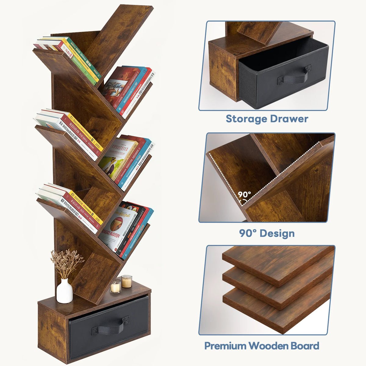 JHK Seven Tier Wooden Geometric Corner Bookshelf With Open Storage
