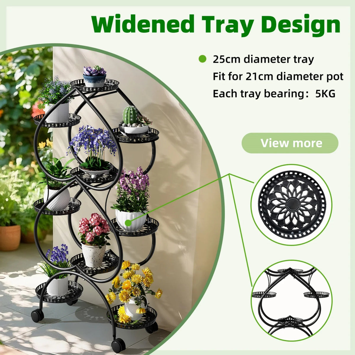 Nine Tier Metal Rolling Plant Stand for Garden Display
