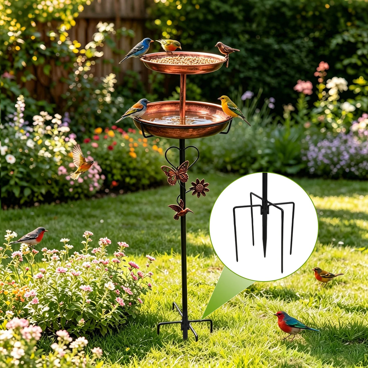 2 Tier Copper Metal Bird Bath For Garden Outdoor Decor