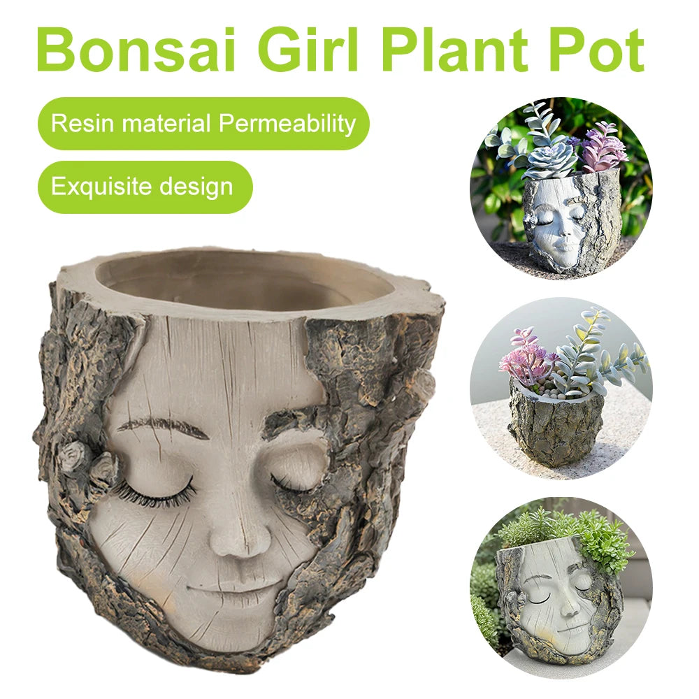 Handpainted Resin Tree Stump Girl Planter For Home Decor Shelf