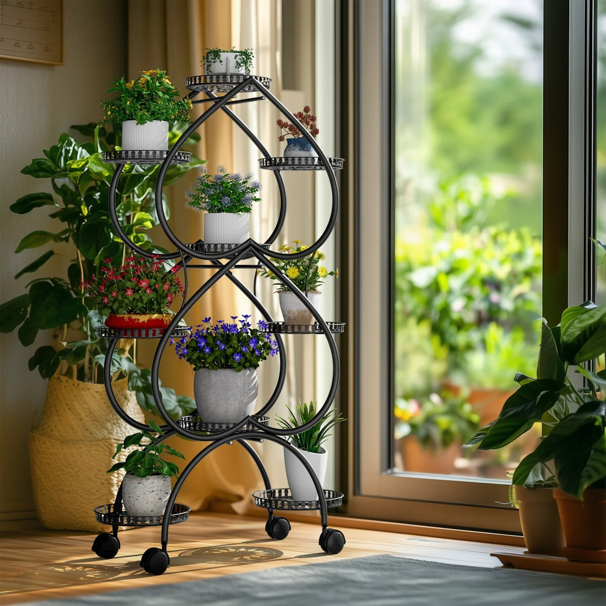 Nine Tier Metal Rolling Plant Stand for Garden Display