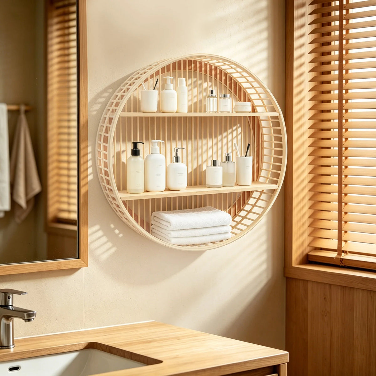 Two Tier Round Bamboo Wall Shelf With Farmhouse Decor