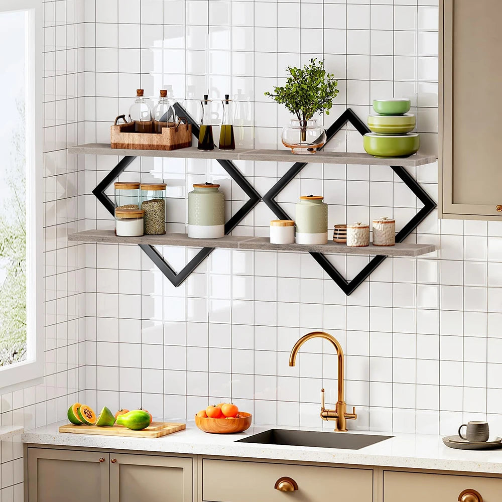 Dual Tier Floating Wall Shelves With Rust Proof Steel Rails